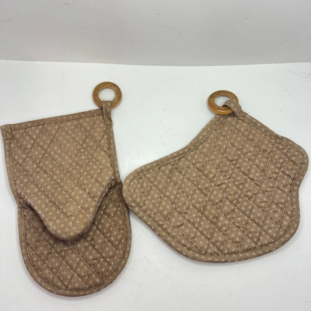 Vintage Mallard Duck Oven Mitt Pot Holder Set Brown Quilted Wood Ring Hanging